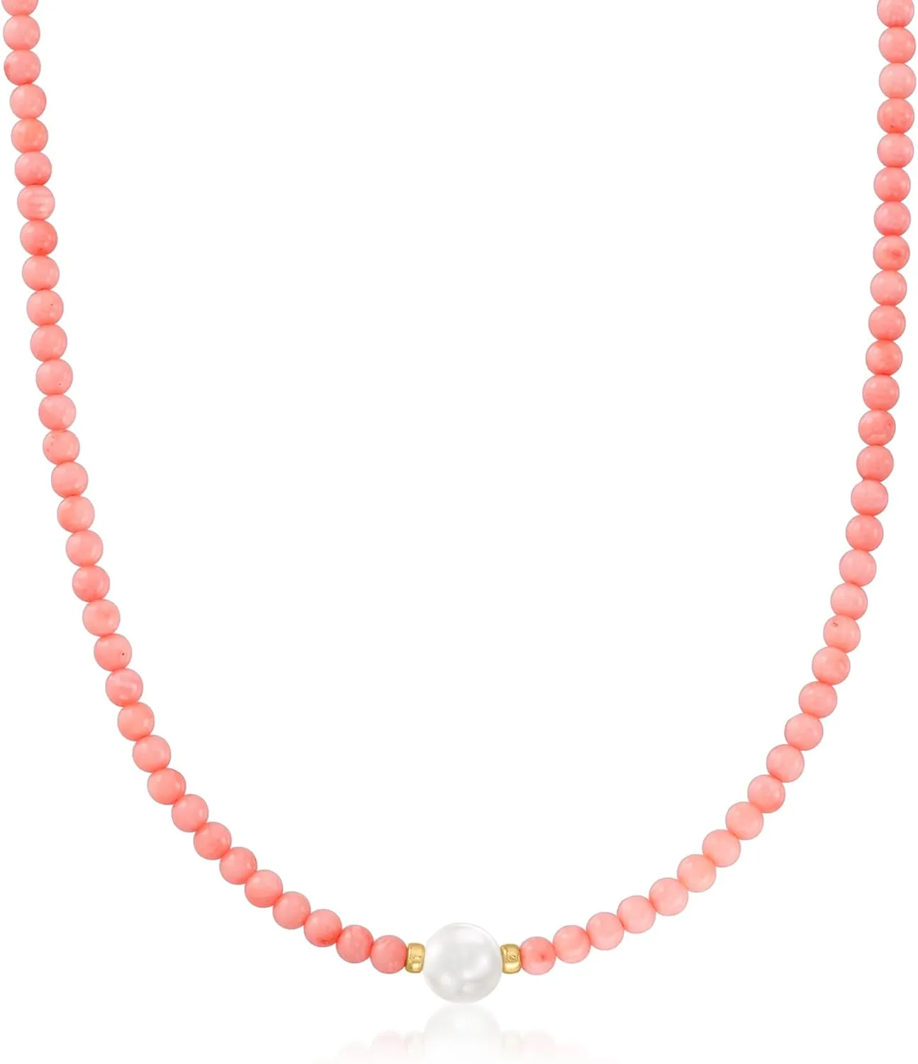 Ross-Simons 8.5-9mm Cultured Pearl and 4mm Pink Coral Bead Necklace With 18kt Gold Over Sterling