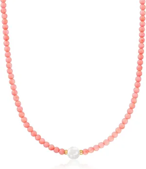 Ross-Simons 8.5-9mm Cultured Pearl and 4mm Pink Coral Bead Necklace With 18kt Gold Over Sterling