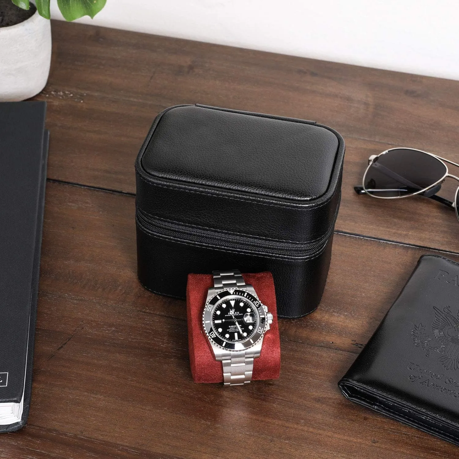 ROTHWELL 2 Watch Travel Case Storage Organizer for 2 Watches | Tough Portable Protection w/Zipper Fits All Wristwatches & Smart Watches Up to 50mm (Black/Red)