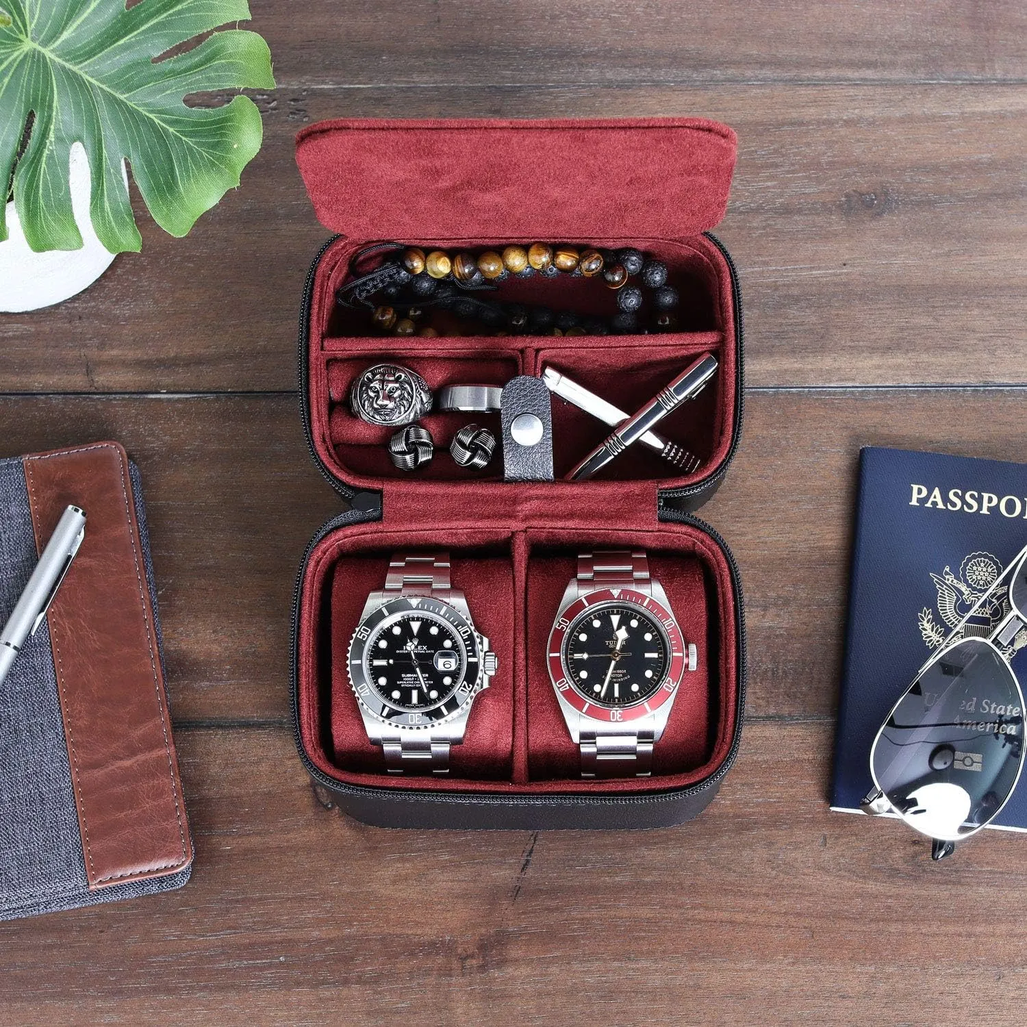 ROTHWELL 2 Watch Travel Case Storage Organizer for 2 Watches | Tough Portable Protection w/Zipper Fits All Wristwatches & Smart Watches Up to 50mm (Black/Red)