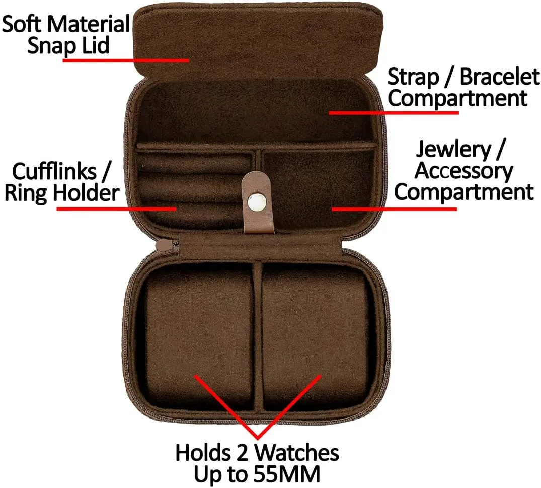 ROTHWELL 2 Watch Travel Case Storage Organizer for 2 Watches | Tough Portable Protection w/Zipper Fits All Wristwatches & Smart Watches Up to 50mm