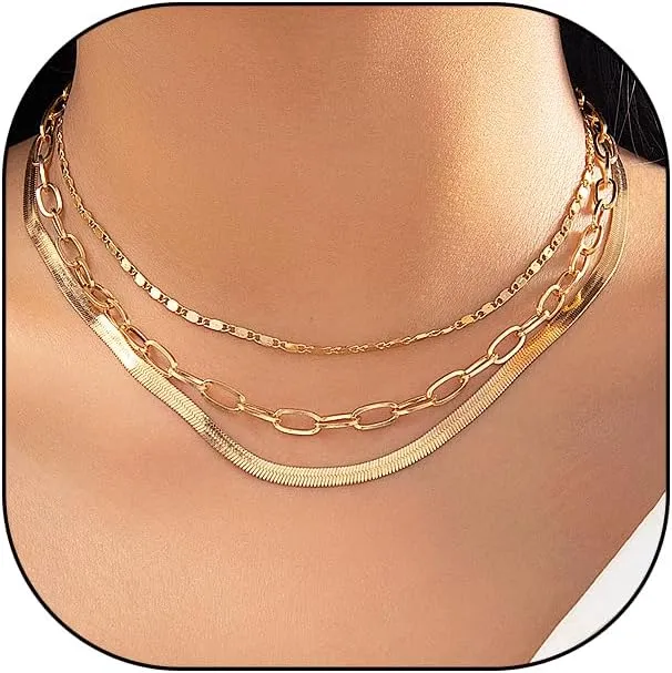 Rrdaily 3Pcs Silver Layered Necklace Sets for Women, Fashionable Adjustable Stacked Collarbone Necklace Gift,Charm Non Tarnish Paperclip Chain Necklace