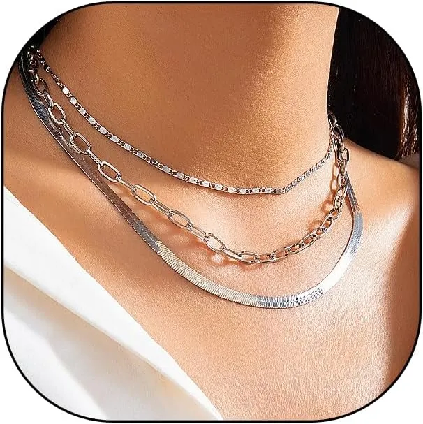 Rrdaily 3Pcs Silver Layered Necklace Sets for Women, Fashionable Adjustable Stacked Collarbone Necklace Gift,Charm Non Tarnish Paperclip Chain Necklace