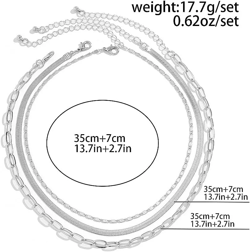 Rrdaily 3Pcs Silver Layered Necklace Sets for Women, Fashionable Adjustable Stacked Collarbone Necklace Gift,Charm Non Tarnish Paperclip Chain Necklace