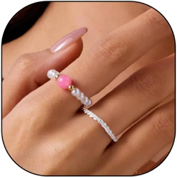 Rrdaily Vintage Pearl Rings for Women - Trendy Boho Thin Pearl Beaded Knuckle Finger Rings, Adjustable Elastic Stretch Rings