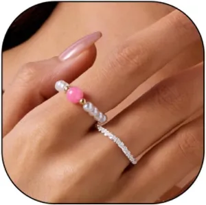Rrdaily Vintage Pearl Rings for Women - Trendy Boho Thin Pearl Beaded Knuckle Finger Rings, Adjustable Elastic Stretch Rings