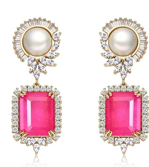 S925 Sterling Silver Emerald Green Pink Crystal Dangle Drop Earrings for Women Vintage Pearl Cubic Zirconia Wedding Bridal Emerald Cut Earrings
