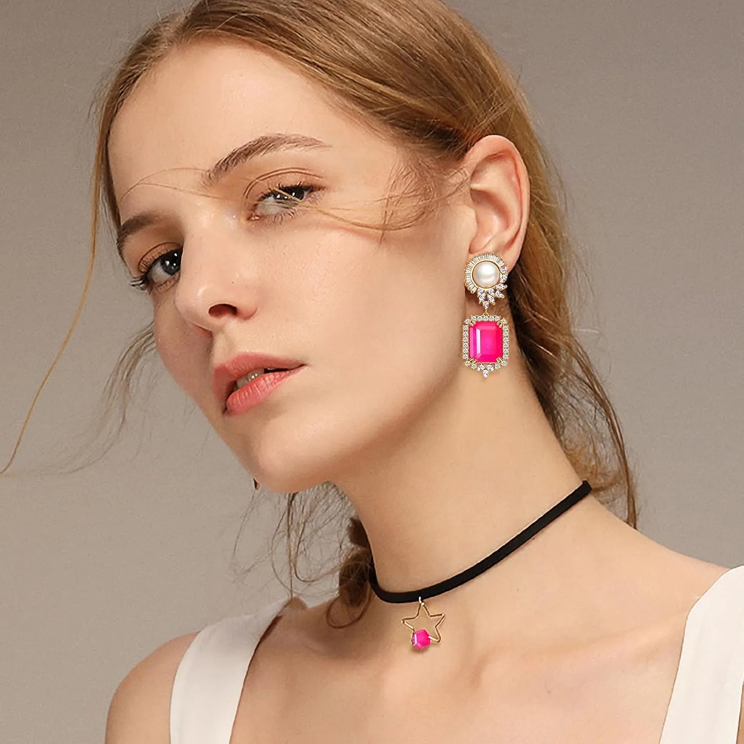 S925 Sterling Silver Emerald Green Pink Crystal Dangle Drop Earrings for Women Vintage Pearl Cubic Zirconia Wedding Bridal Emerald Cut Earrings
