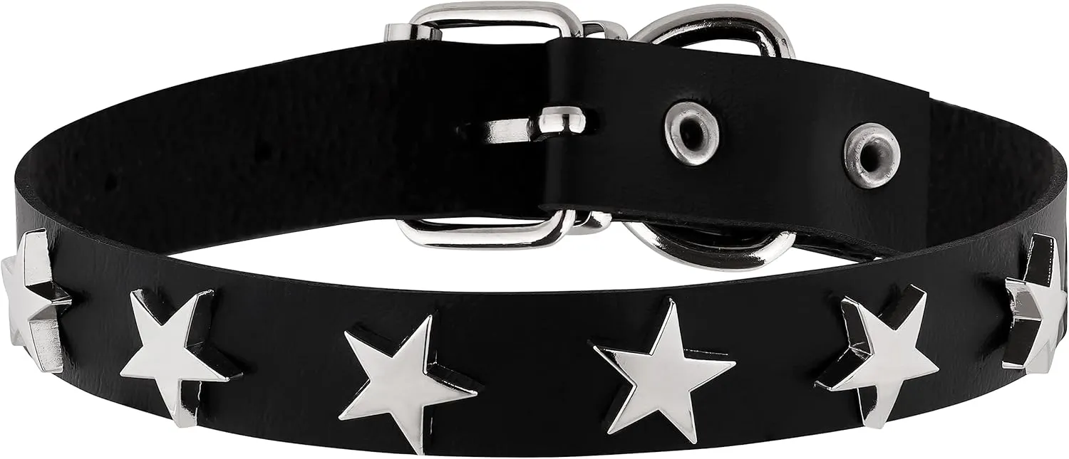 Sacina Gothic Punk Star Necklace, Black PU Leather Choker, Unisex, Zinc, Costume Jewelry, Adjustable 16.1 inches, Halloween New Year Gift