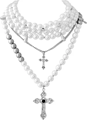 Sacina Layered Cross Imitation-Pearl Necklace for Women, Cross Gothic Goth Necklace, 1920s Costume Jewelry, Christmas Jewelry Gift