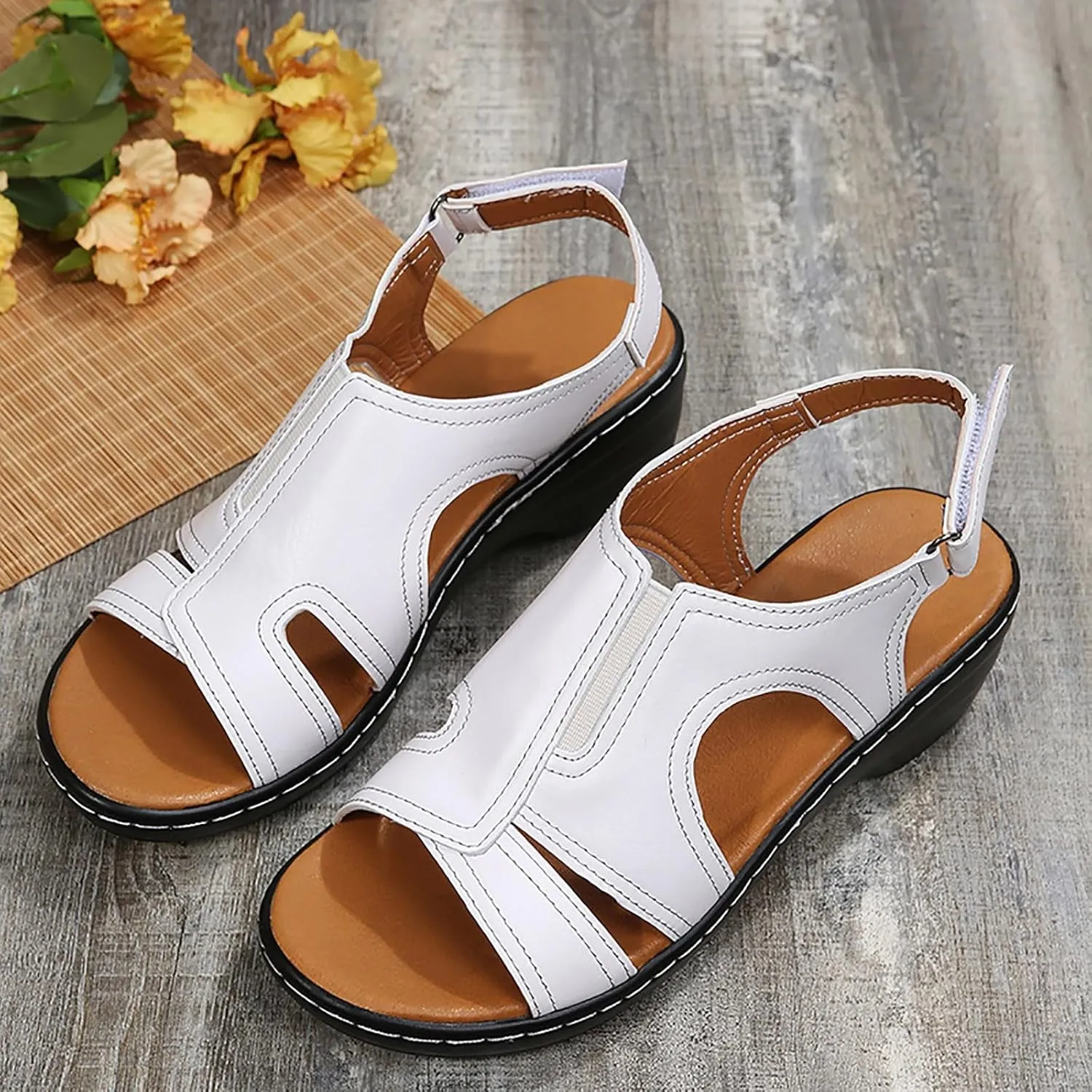Sandals For Women Casual Roman Shoes Mouth Wedge Sandals Beaded for Women Flat Women's Cork Slide Shoes