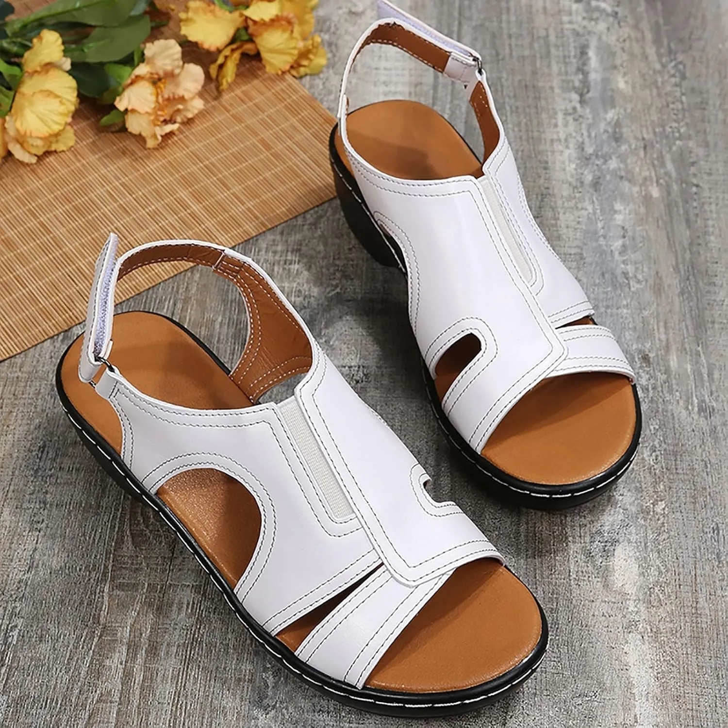 Sandals For Women Casual Roman Shoes Mouth Wedge Sandals Beaded for Women Flat Women's Cork Slide Shoes
