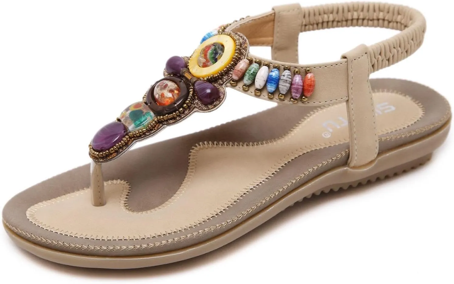 Sandals for Women T-Strap Beaded Flat Dress Sandals Bohemian Beach Thong Sandal Back Strap Clip Toe Flats Shoes