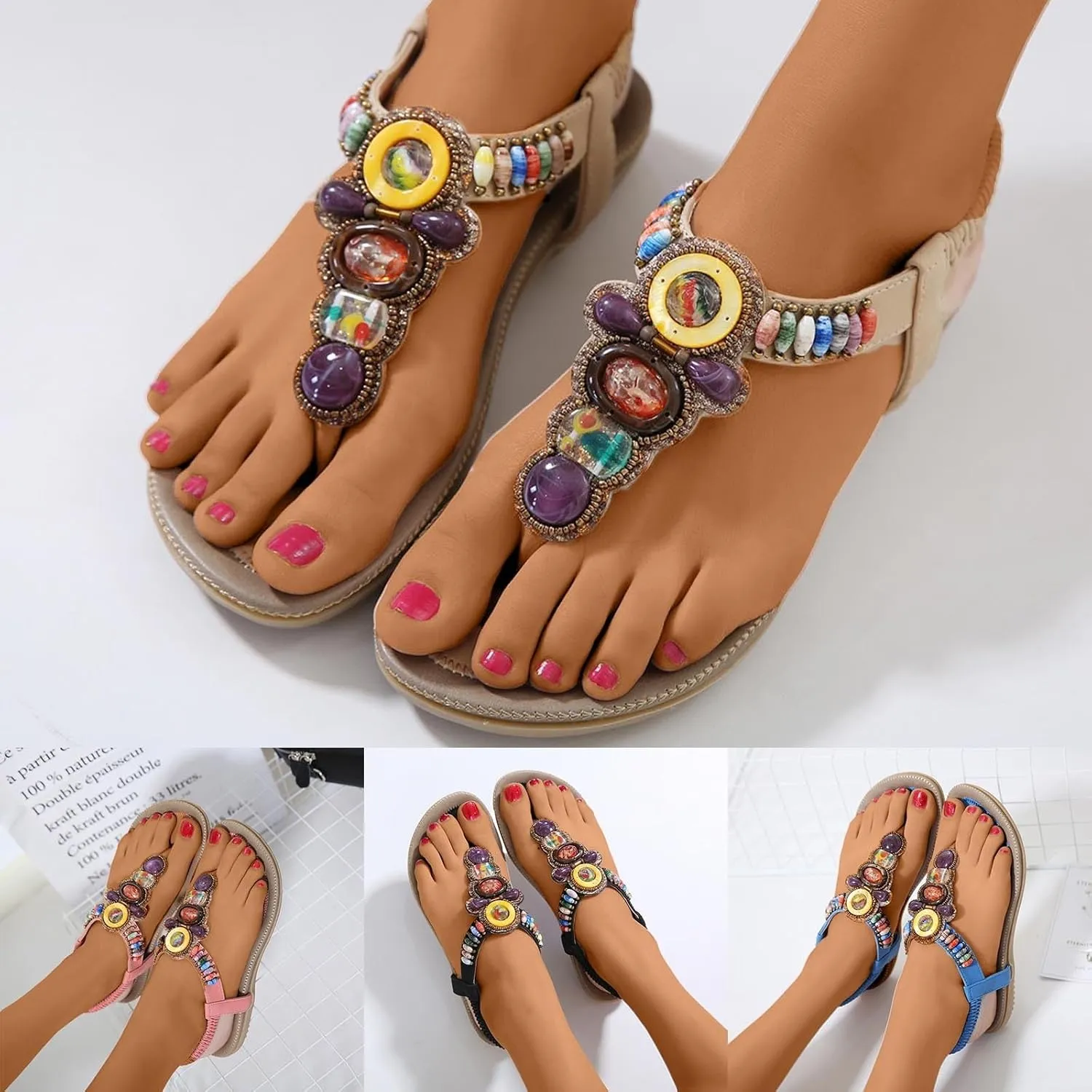 Sandals for Women T-Strap Beaded Flat Dress Sandals Bohemian Beach Thong Sandal Back Strap Clip Toe Flats Shoes