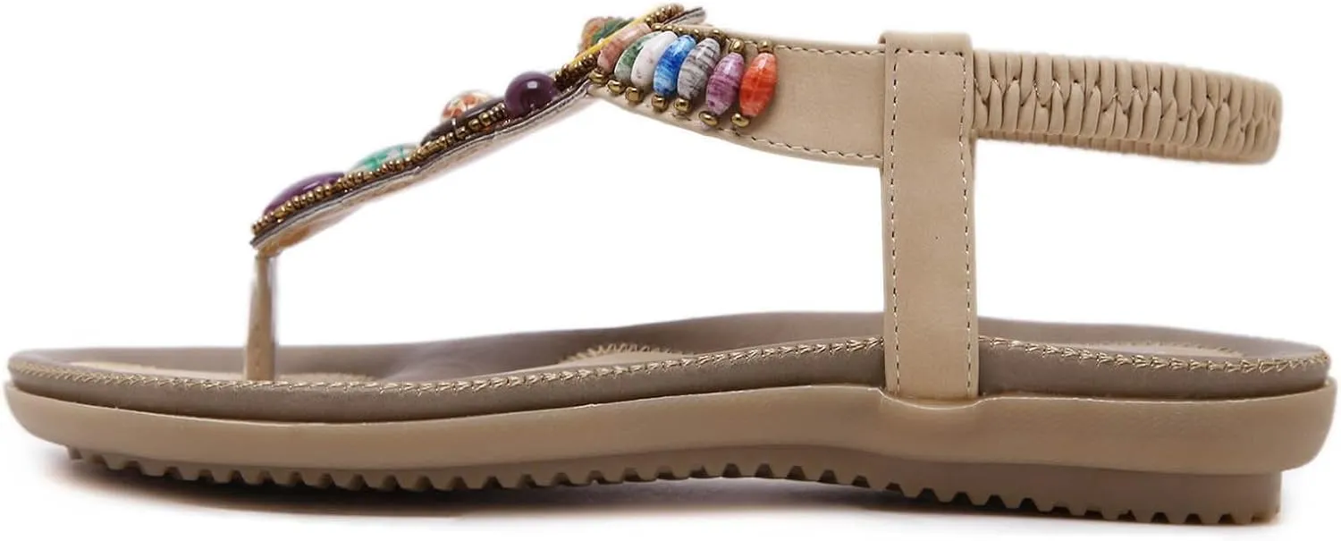 Sandals for Women T-Strap Beaded Flat Dress Sandals Bohemian Beach Thong Sandal Back Strap Clip Toe Flats Shoes