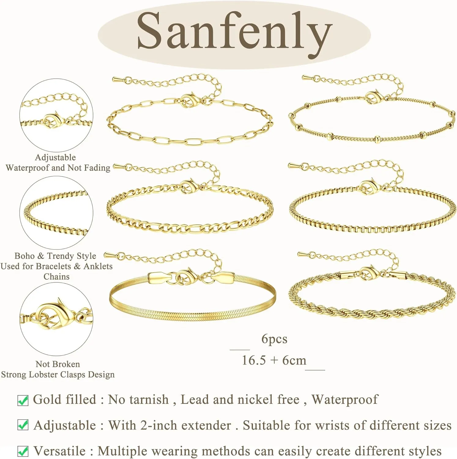 Sanfenly Gold Bracelets for Women, 14K Real Gold Plated Bracelets for Women Dainty Gold Bracelets Waterproof Chain Stackable Bracelets Cuban Link Paperclip Gold Bracelet Stack Jewelry for Women