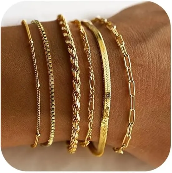 Sanfenly Gold Bracelets for Women, 14K Real Gold Plated Bracelets for Women Dainty Gold Bracelets Waterproof Chain Stackable Bracelets Cuban Link Paperclip Gold Bracelet Stack Jewelry for Women