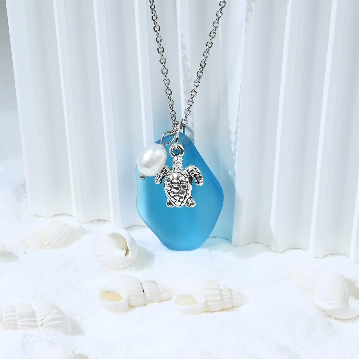 Sea Glass Necklace, Statement Beach Necklaces with Turtle Pendant, Freshwater Pearls, Sea Turtle Necklace, Handmade Necklaces Gift for Women Girls