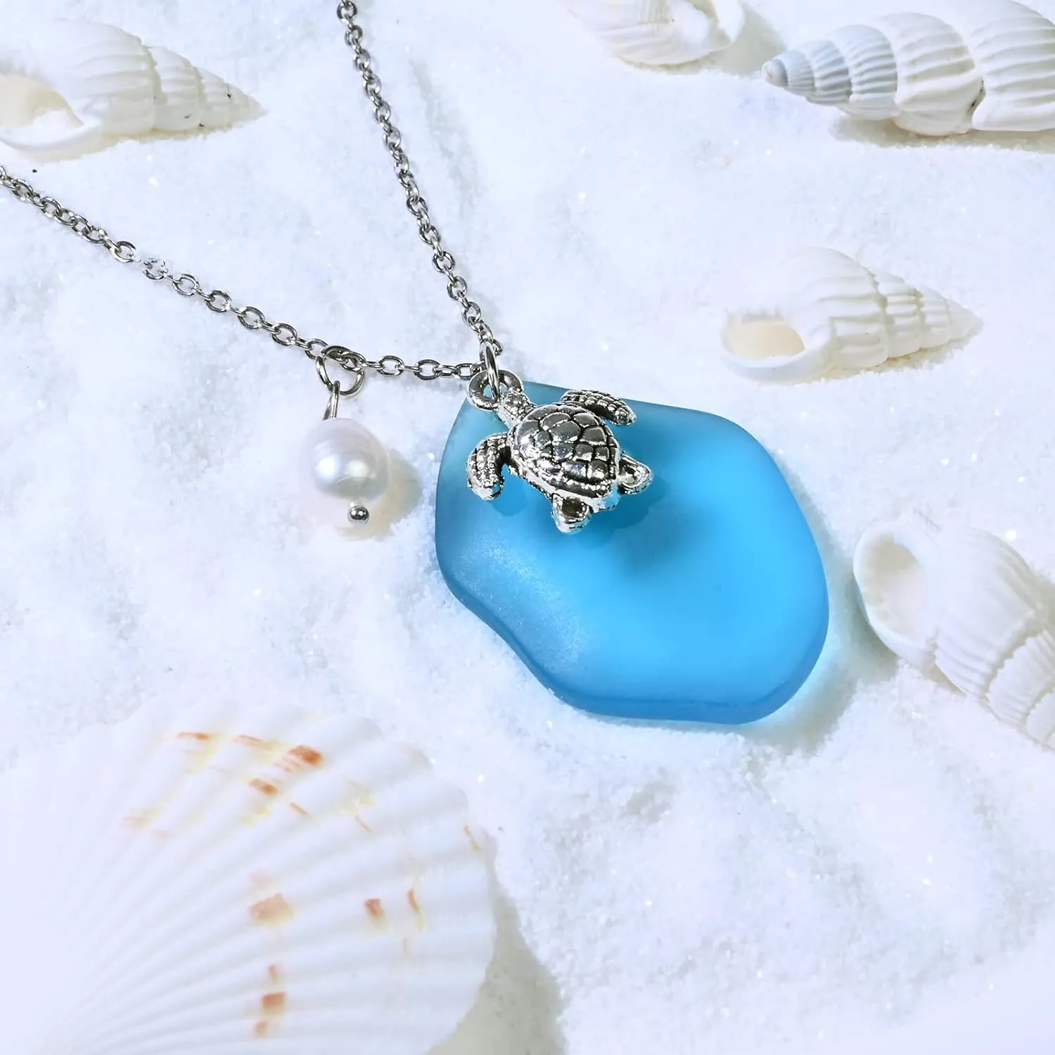 Sea Glass Necklace, Statement Beach Necklaces with Turtle Pendant, Freshwater Pearls, Sea Turtle Necklace, Handmade Necklaces Gift for Women Girls