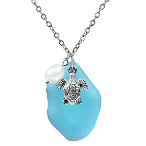 Sea Glass Necklace, Statement Beach Necklaces with Turtle Pendant, Freshwater Pearls, Sea Turtle Necklace, Handmade Necklaces Gift for Women Girls