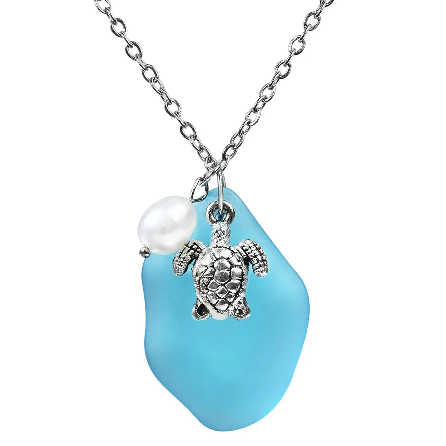 Sea Glass Necklace, Statement Beach Necklaces with Turtle Pendant, Freshwater Pearls, Sea Turtle Necklace, Handmade Necklaces Gift for Women Girls