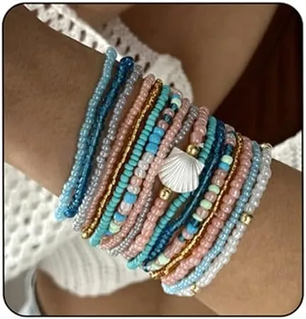 Shell Beaded Bracelet for Women Boho Colorful Beads Bracelets Adjustable Elastic Beach Jewelry Bohemian Stackable Summer Bracelets Tropical Charm Bracelet Beach Vacation Accessories for Women