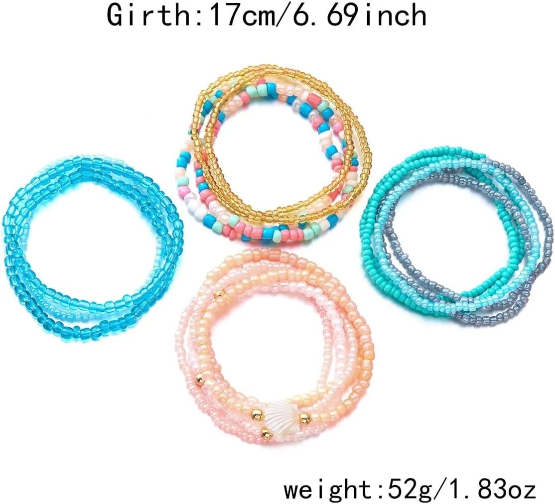 Shell Beaded Bracelet for Women Boho Colorful Beads Bracelets Adjustable Elastic Beach Jewelry Bohemian Stackable Summer Bracelets Tropical Charm Bracelet Beach Vacation Accessories for Women