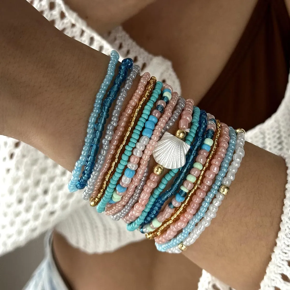 Shell Beaded Bracelet for Women Boho Colorful Beads Bracelets Adjustable Elastic Beach Jewelry Bohemian Stackable Summer Bracelets Tropical Charm Bracelet Beach Vacation Accessories for Women