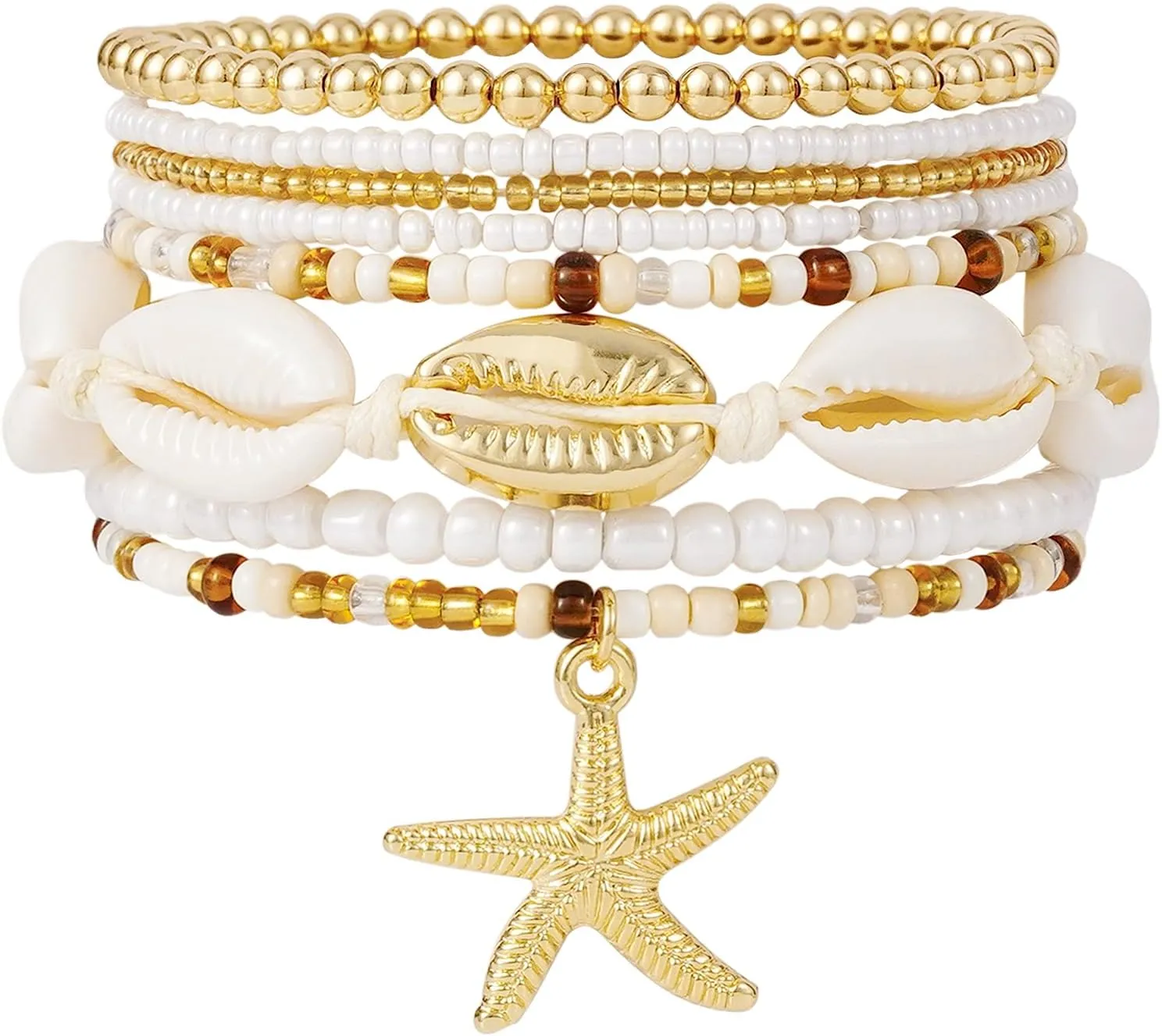 Shell Bracelet Boho Beaded Stretch Bracelets for Women Seashell Strand Bracelets Starfish Charm Jewelry Summer Beach Jewelry Stackable Crystal Gold Beads Bracelet for Women