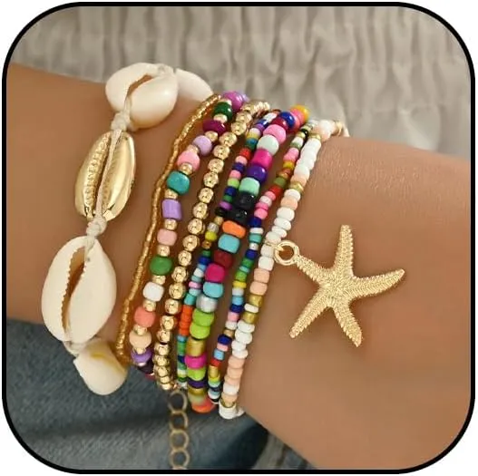 Shell Bracelets for Women Boho Layered Beaded Seashell Bracelets Colorful Stackable Puka Shell Bracelet Summer Beach Surfer Starfish Bracelets Jewelry Accessories for Women