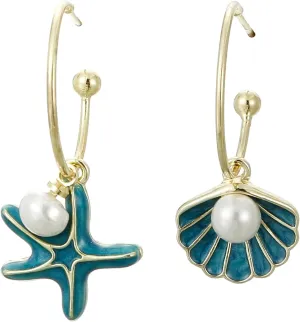 Shell Hoop Earrings, Asymmetric Shell and Starfish Earrings Seashore Hoop Earrings Beach Jewelry