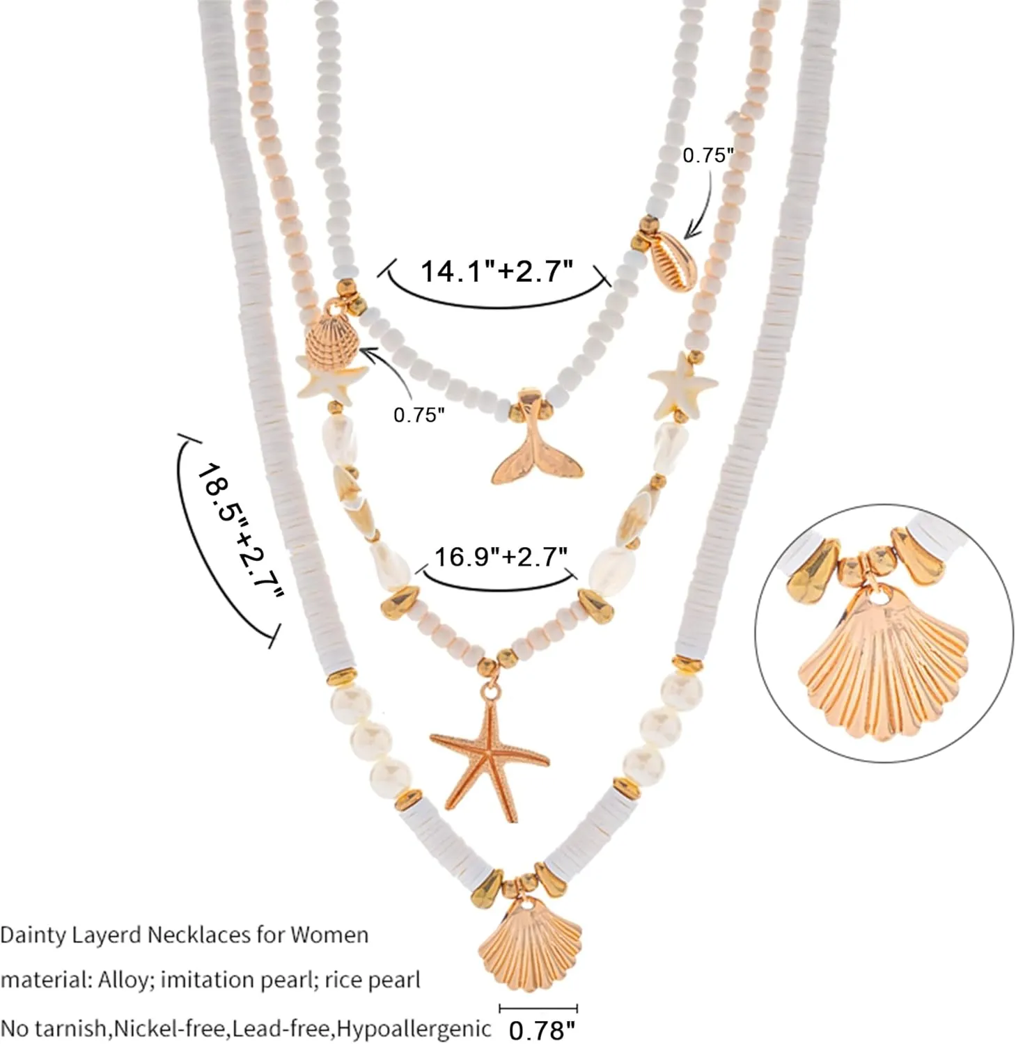 Shell Necklaces for Women - 18k Gold Plated Starfish Seashell Charm Necklace Adjustable Beachy Stackable Necklaces for Women Elegant Ocean Gift