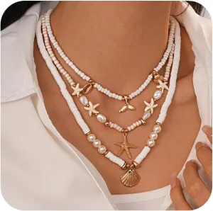 Shell Necklaces for Women - 18k Gold Plated Starfish Seashell Charm Necklace Adjustable Beachy Stackable Necklaces for Women Elegant Ocean Gift