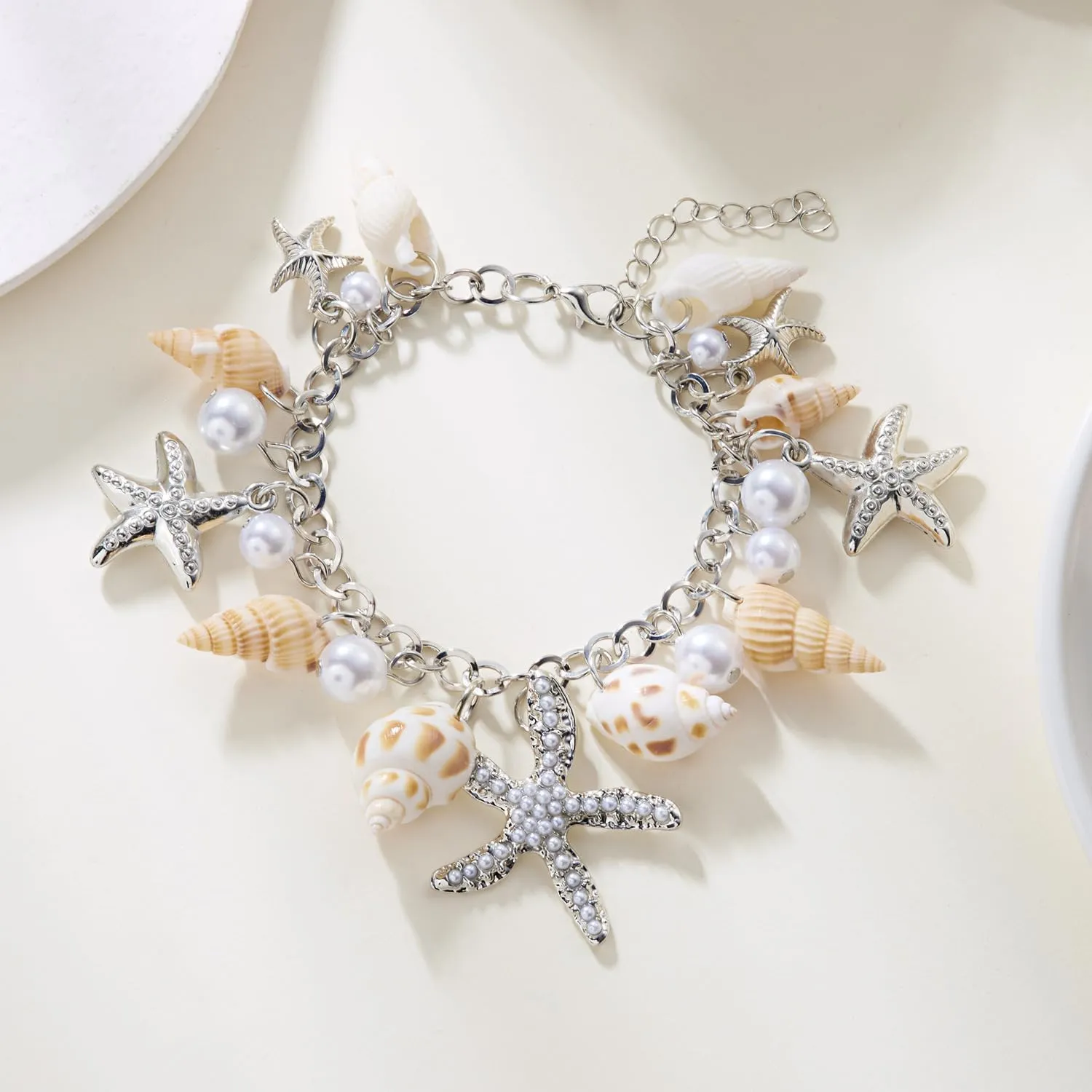 Shell Starfish Bracelet Seahorse Conch Starfish Sea Shell Pearls Charm Stone Bracelet Statement Bohemian Sea Themed Beach Jewelry for Women