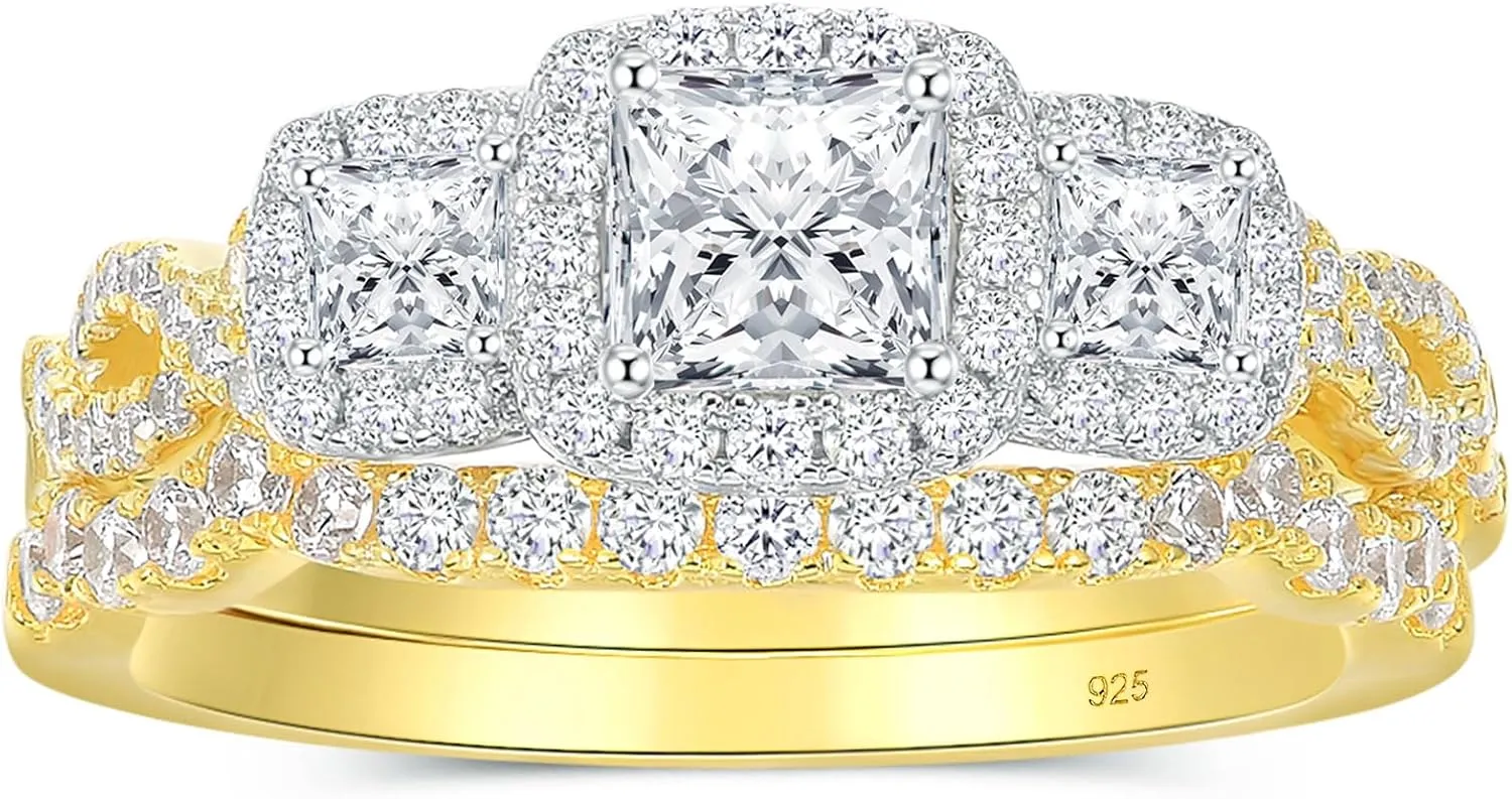SHELOVES 925 Sterling Silver Wedding Rings Set for Women Three Stone Yellow Gold Bridal Sets Princess Cut CZ Sz 5-10