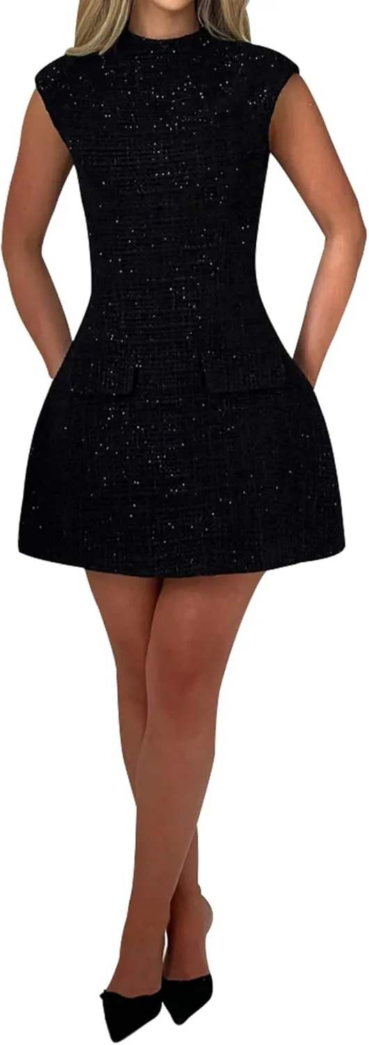 SHESEEWORLD Women's Cap Sleeve Mock Neck Sexy Cutout Backless Button Mini Dress A Line High Waist Slim Cocktail Party Dresses