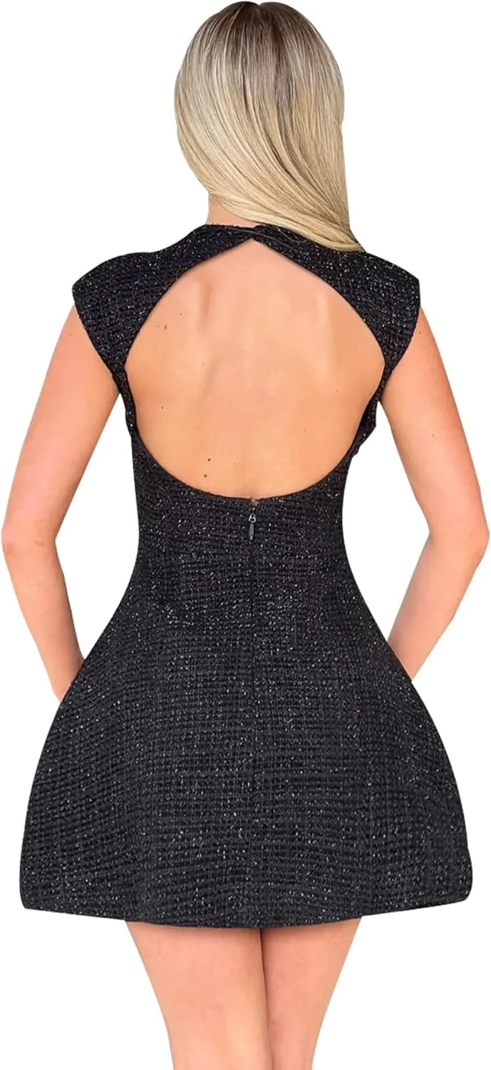 SHESEEWORLD Women's Cap Sleeve Mock Neck Sexy Cutout Backless Button Mini Dress A Line High Waist Slim Cocktail Party Dresses