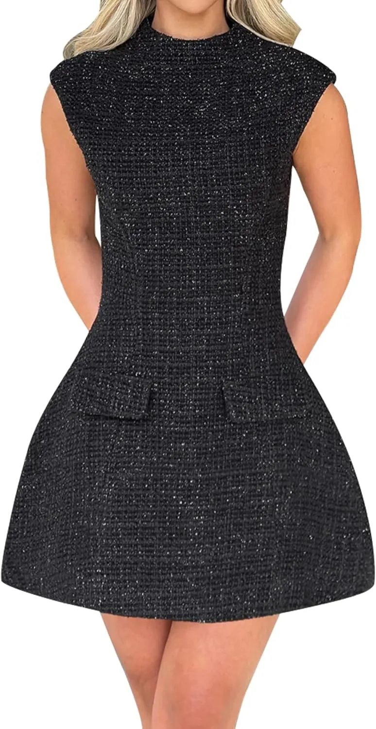 SHESEEWORLD Women's Cap Sleeve Mock Neck Sexy Cutout Backless Button Mini Dress A Line High Waist Slim Cocktail Party Dresses