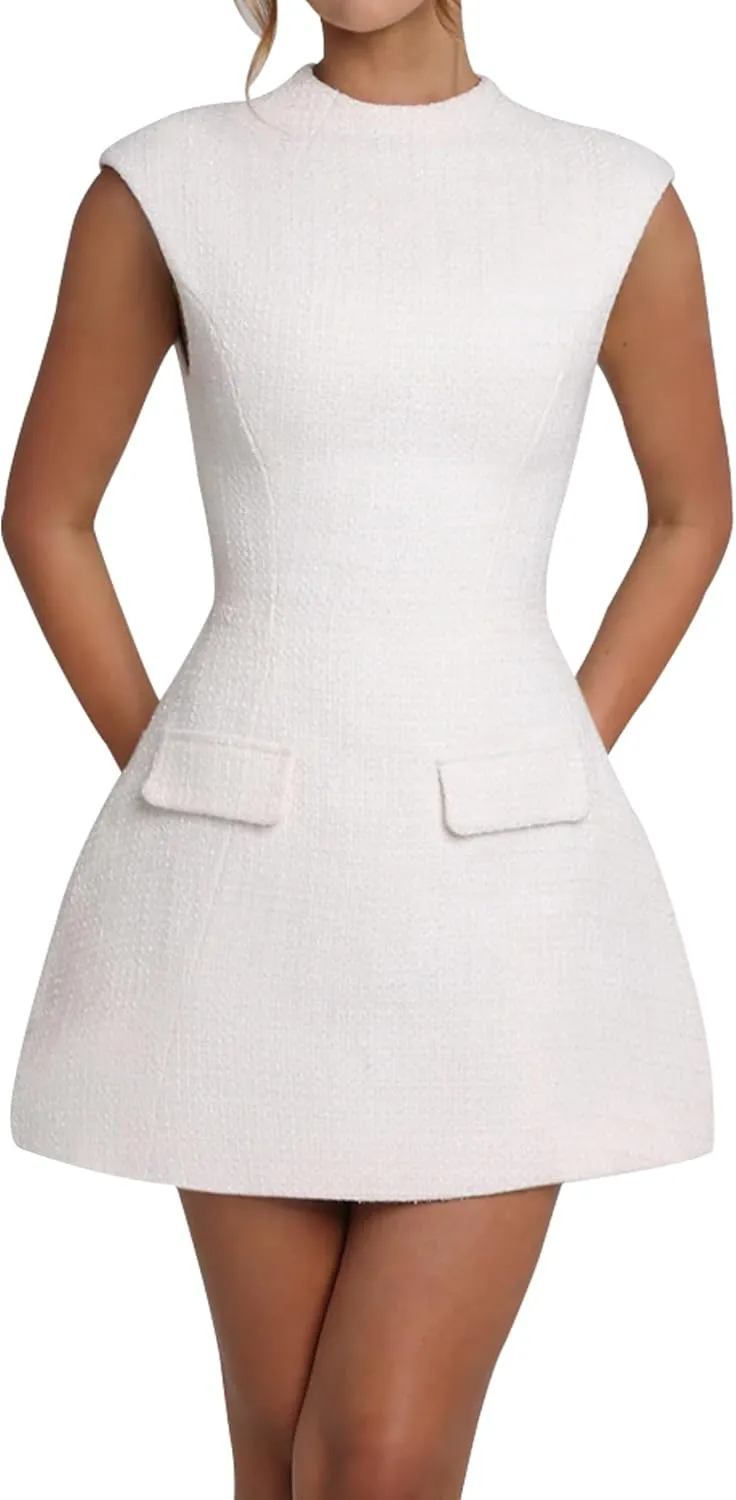 SHESEEWORLD Women's Cap Sleeve Mock Neck Sexy Cutout Backless Button Mini Dress A Line High Waist Slim Cocktail Party Dresses
