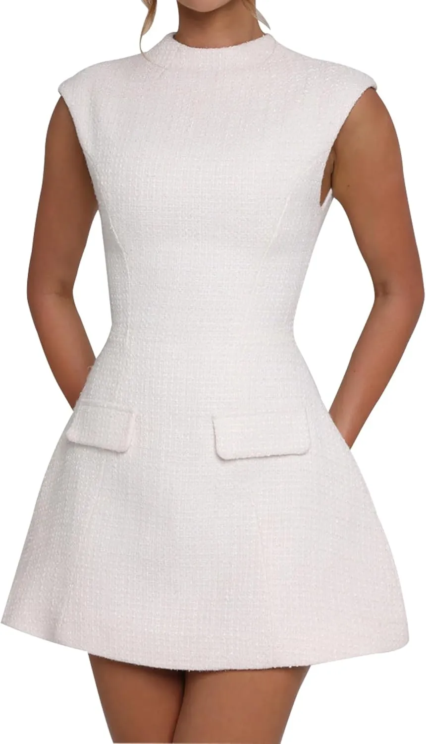 SHESEEWORLD Women's Cap Sleeve Mock Neck Sexy Cutout Backless Button Mini Dress A Line High Waist Slim Cocktail Party Dresses