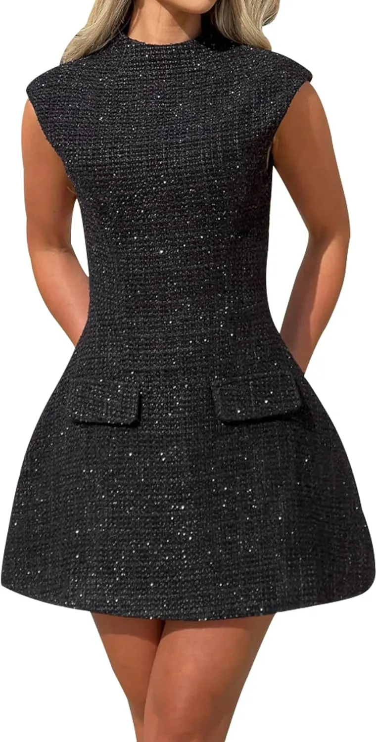 SHESEEWORLD Women's Cap Sleeve Mock Neck Sexy Cutout Backless Button Mini Dress A Line High Waist Slim Cocktail Party Dresses
