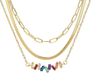 SHOWNICE Layered Choker Necklaces 18K Gold Plating Multilayer Chain Dainty Colorful Cubic zirconia Pendant Adjustable Layering Choker Necklaces for Women