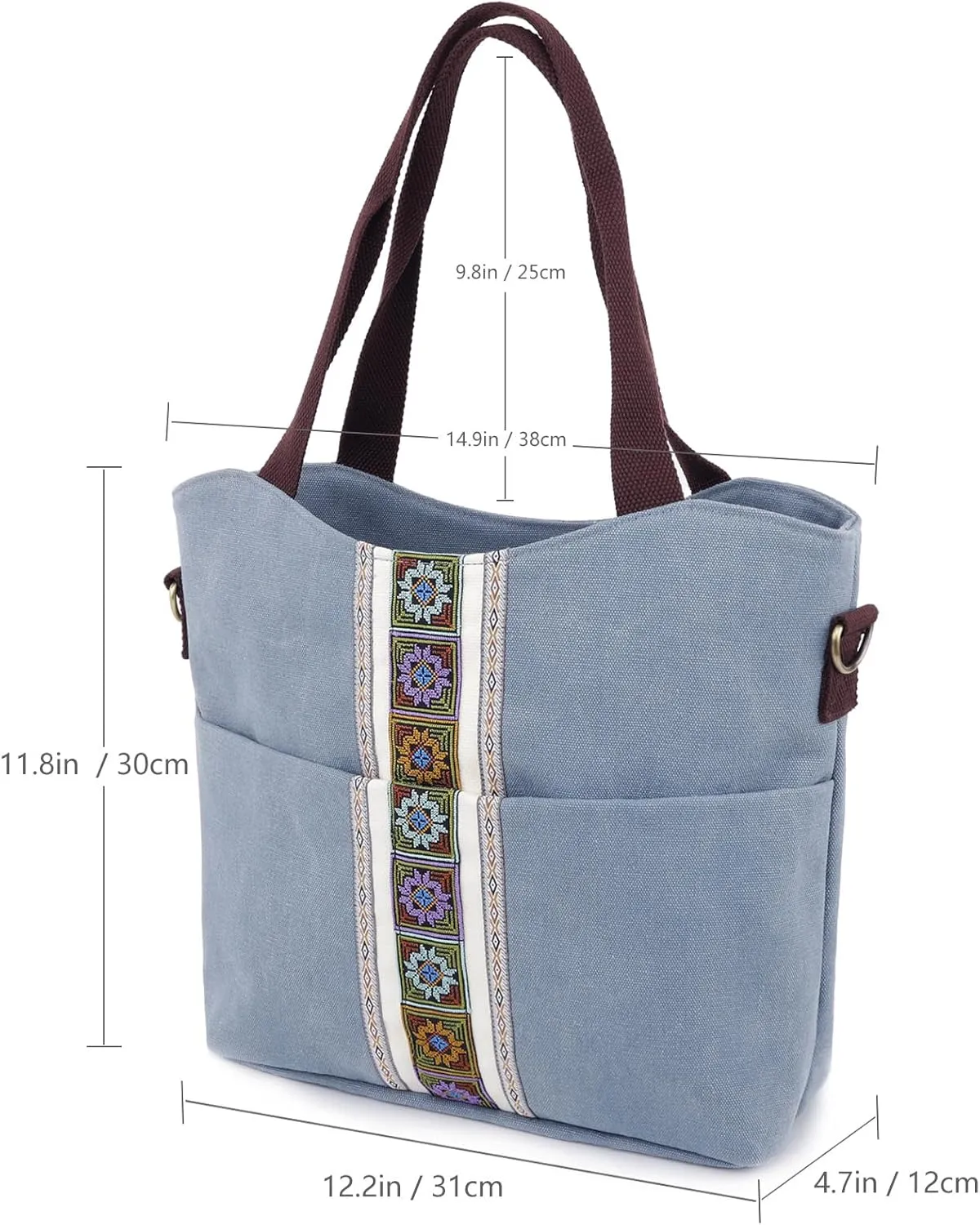 SILKAREA Women's Canvas Large Tote Bag Embroidered Shoulder Bag Multi Pocket Crossbody Bag Top Handle Bag Handbag Hobo Purse