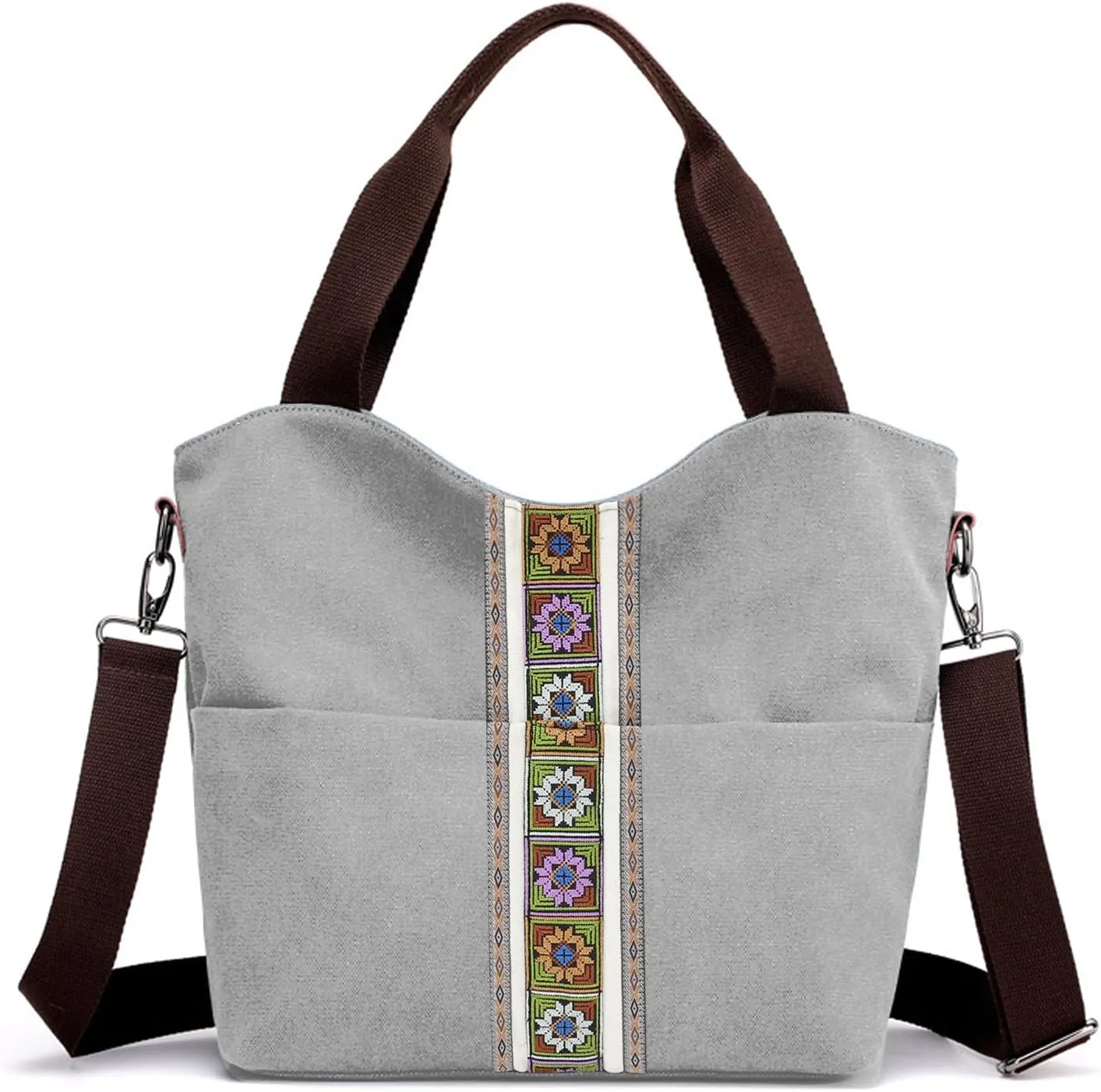 SILKAREA Women's Canvas Large Tote Bag Embroidered Shoulder Bag Multi Pocket Crossbody Bag Top Handle Bag Handbag Hobo Purse