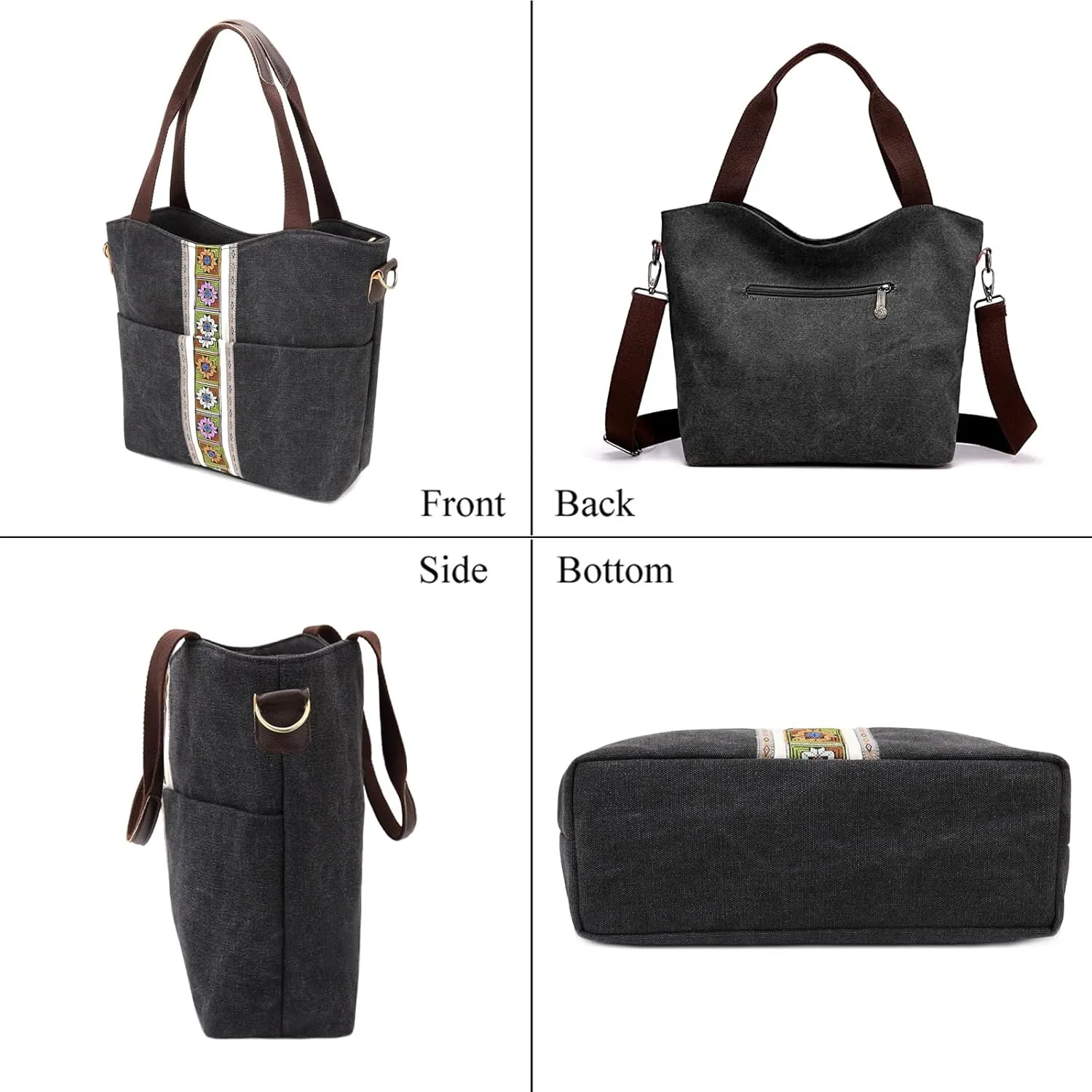 SILKAREA Women's Canvas Large Tote Bag Embroidered Shoulder Bag Multi Pocket Crossbody Bag Top Handle Bag Handbag Hobo Purse