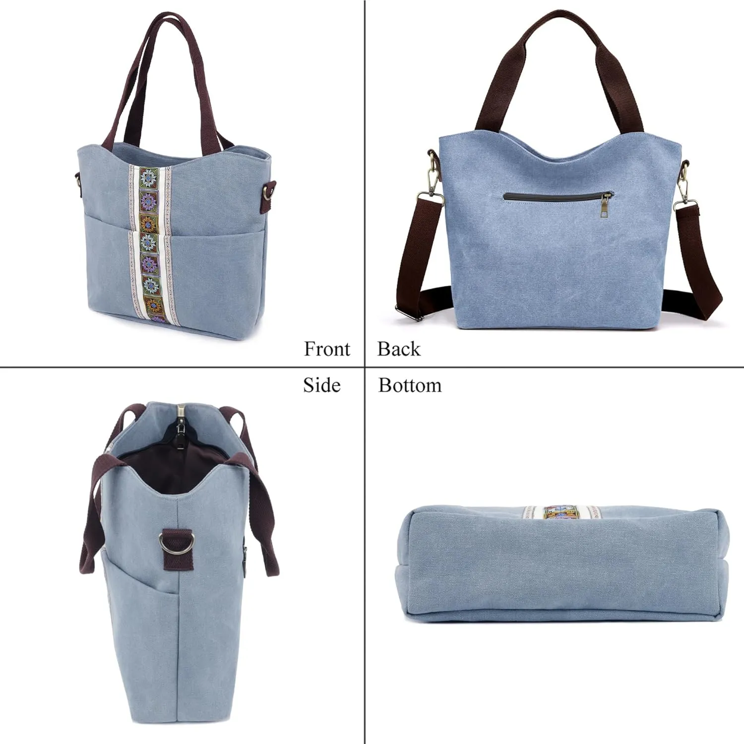 SILKAREA Women's Canvas Large Tote Bag Embroidered Shoulder Bag Multi Pocket Crossbody Bag Top Handle Bag Handbag Hobo Purse