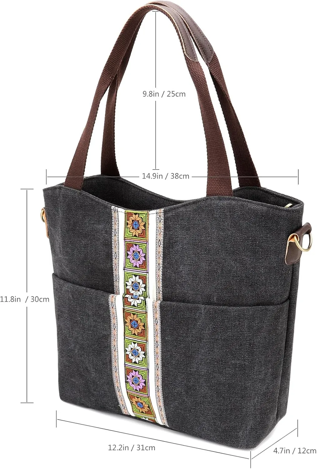 SILKAREA Women's Canvas Large Tote Bag Embroidered Shoulder Bag Multi Pocket Crossbody Bag Top Handle Bag Handbag Hobo Purse