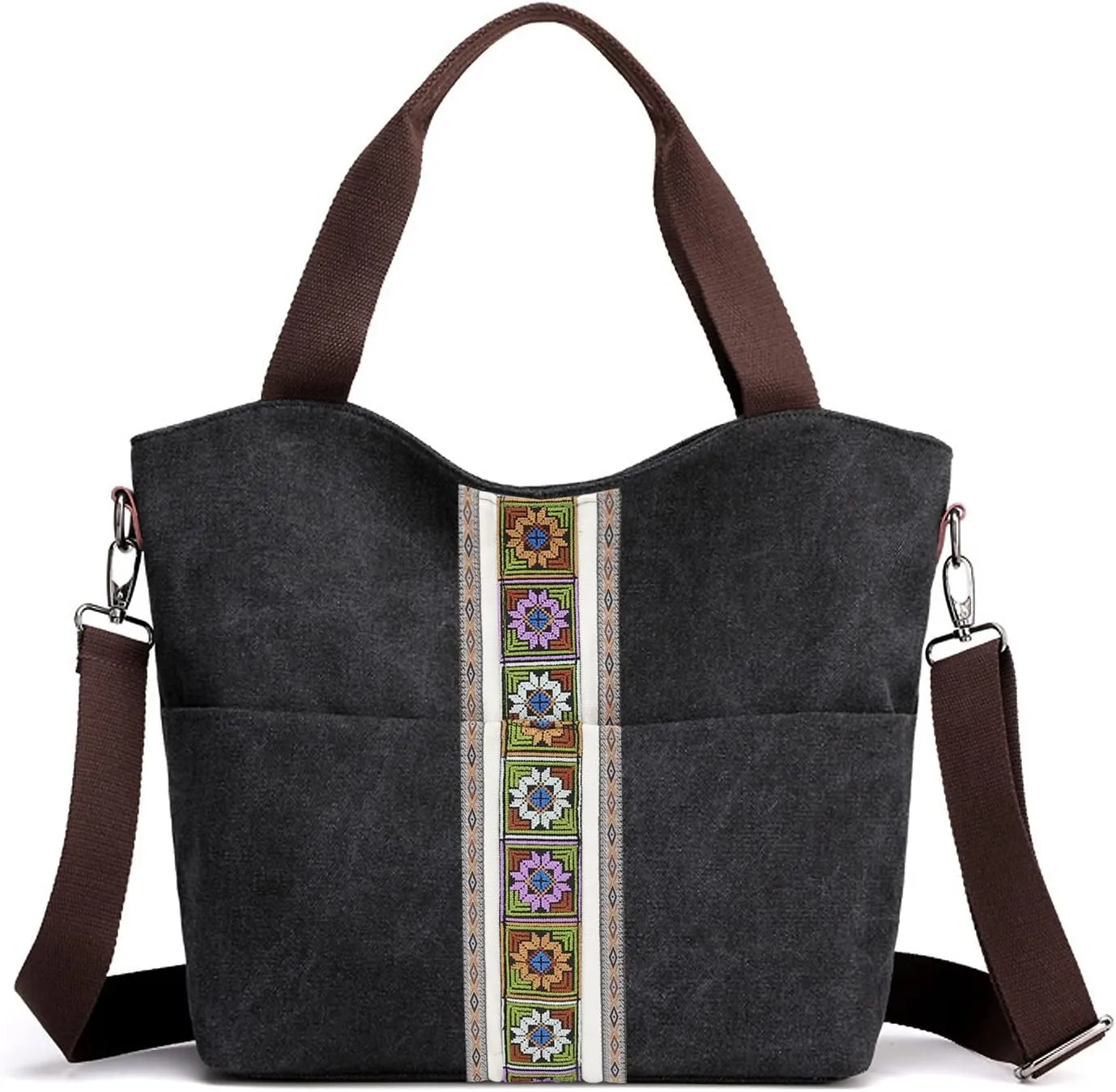 SILKAREA Women's Canvas Large Tote Bag Embroidered Shoulder Bag Multi Pocket Crossbody Bag Top Handle Bag Handbag Hobo Purse