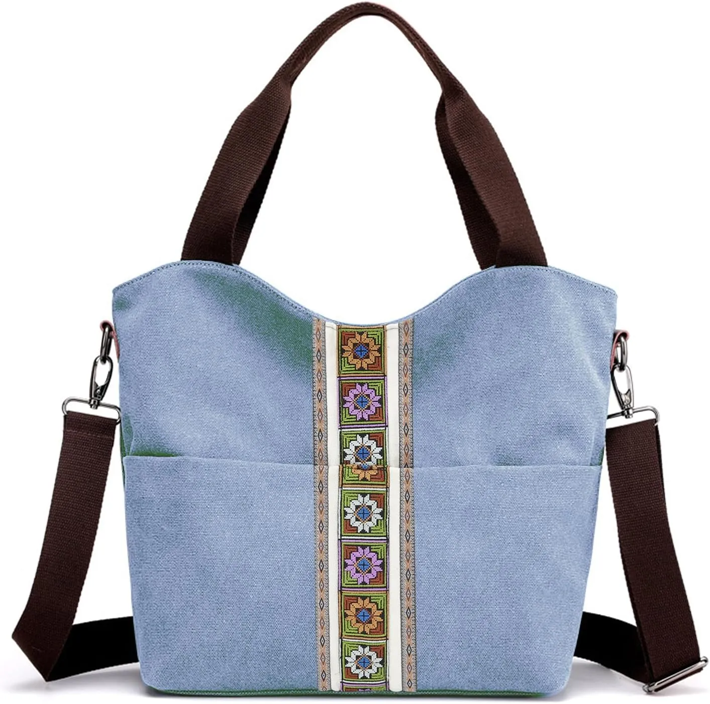 SILKAREA Women's Canvas Large Tote Bag Embroidered Shoulder Bag Multi Pocket Crossbody Bag Top Handle Bag Handbag Hobo Purse