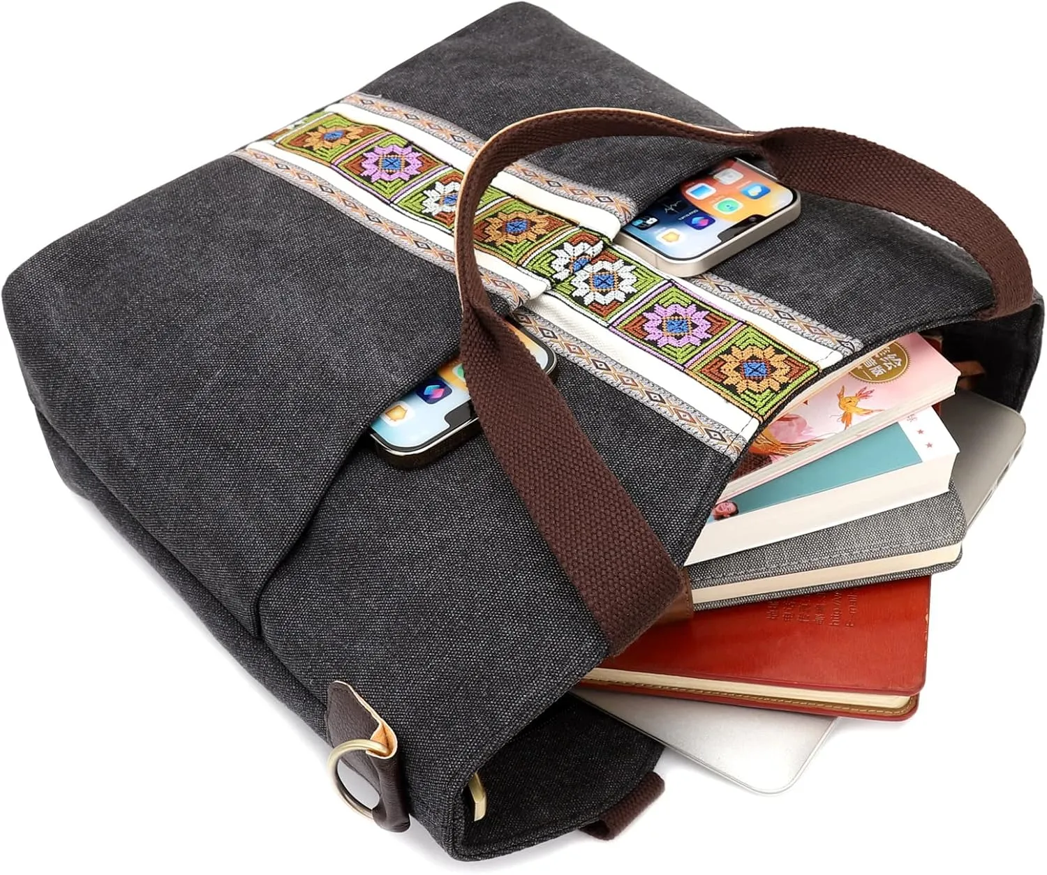SILKAREA Women's Canvas Large Tote Bag Embroidered Shoulder Bag Multi Pocket Crossbody Bag Top Handle Bag Handbag Hobo Purse